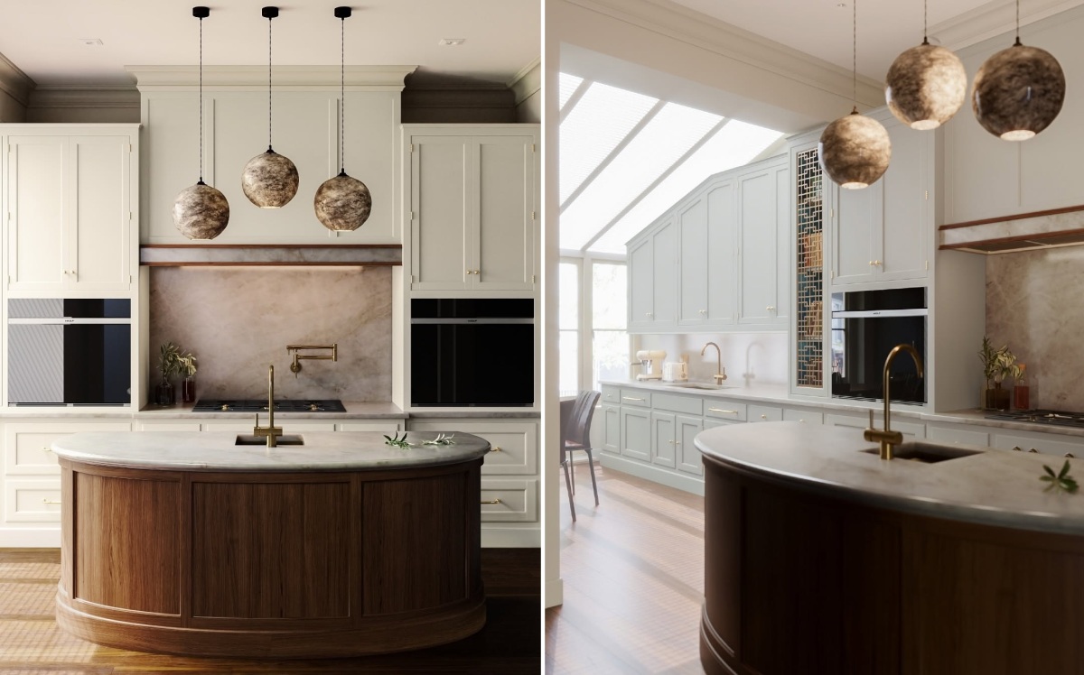 Luxurious kitchen featuring large rounded island and cool stools