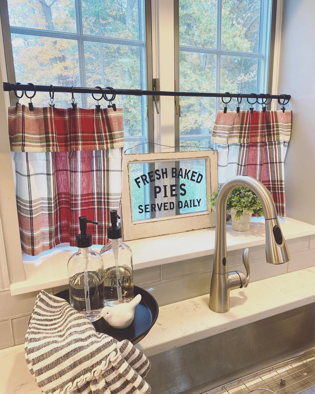 Patchwork Valances on Corner Kitchen Windows