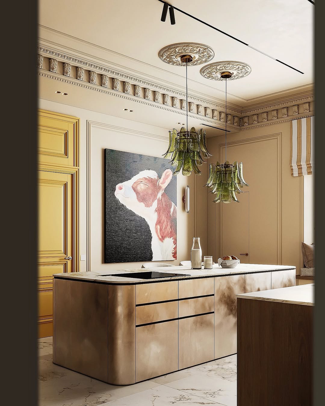 Luxurious kitchen featuring large rounded island and cool stools