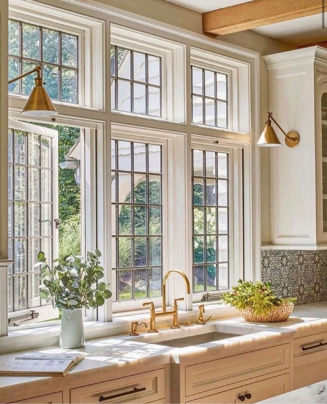 Patchwork Valances on Corner Kitchen Windows