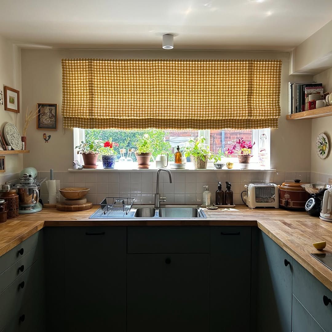 Patchwork Valances on Corner Kitchen Windows