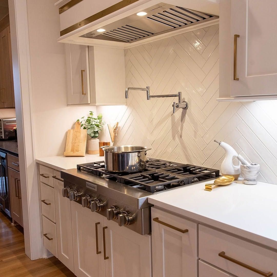 Elongated Tile With Brass Pot Filler