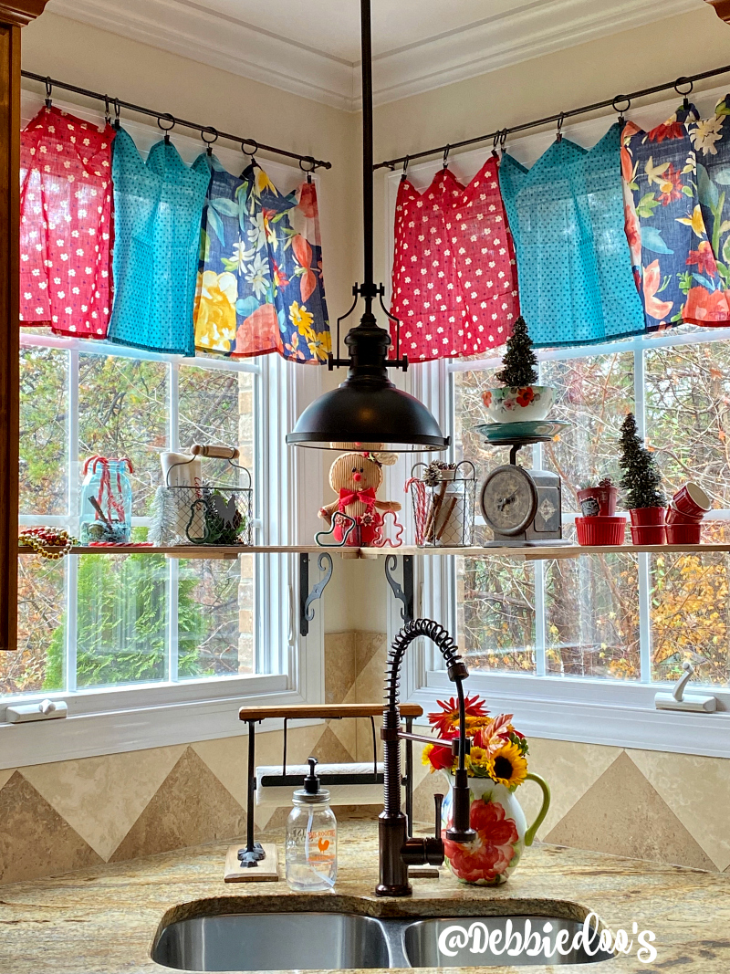 Patchwork Valances on Corner Kitchen Windows