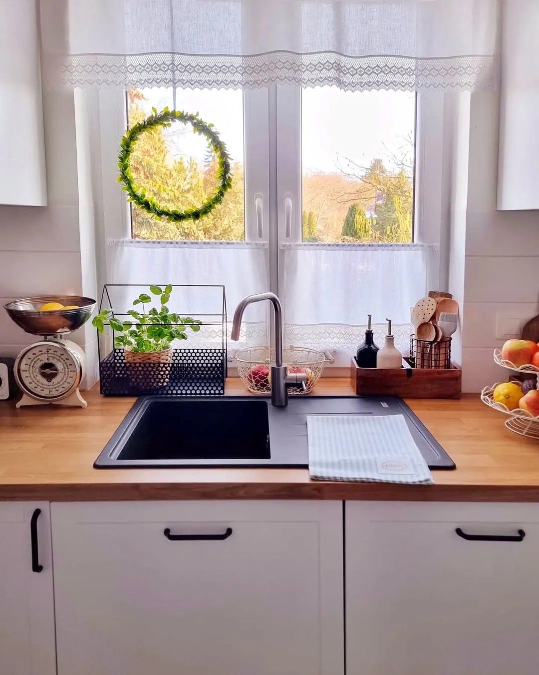 Patchwork Valances on Corner Kitchen Windows