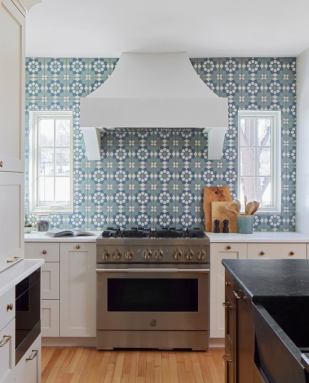 Patchwork Valances on Corner Kitchen Windows