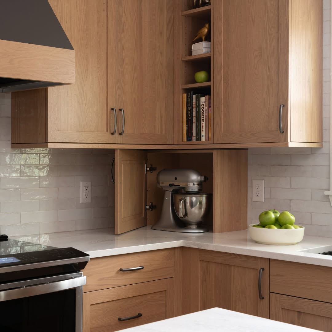 A corner appliance garage that uses dead space