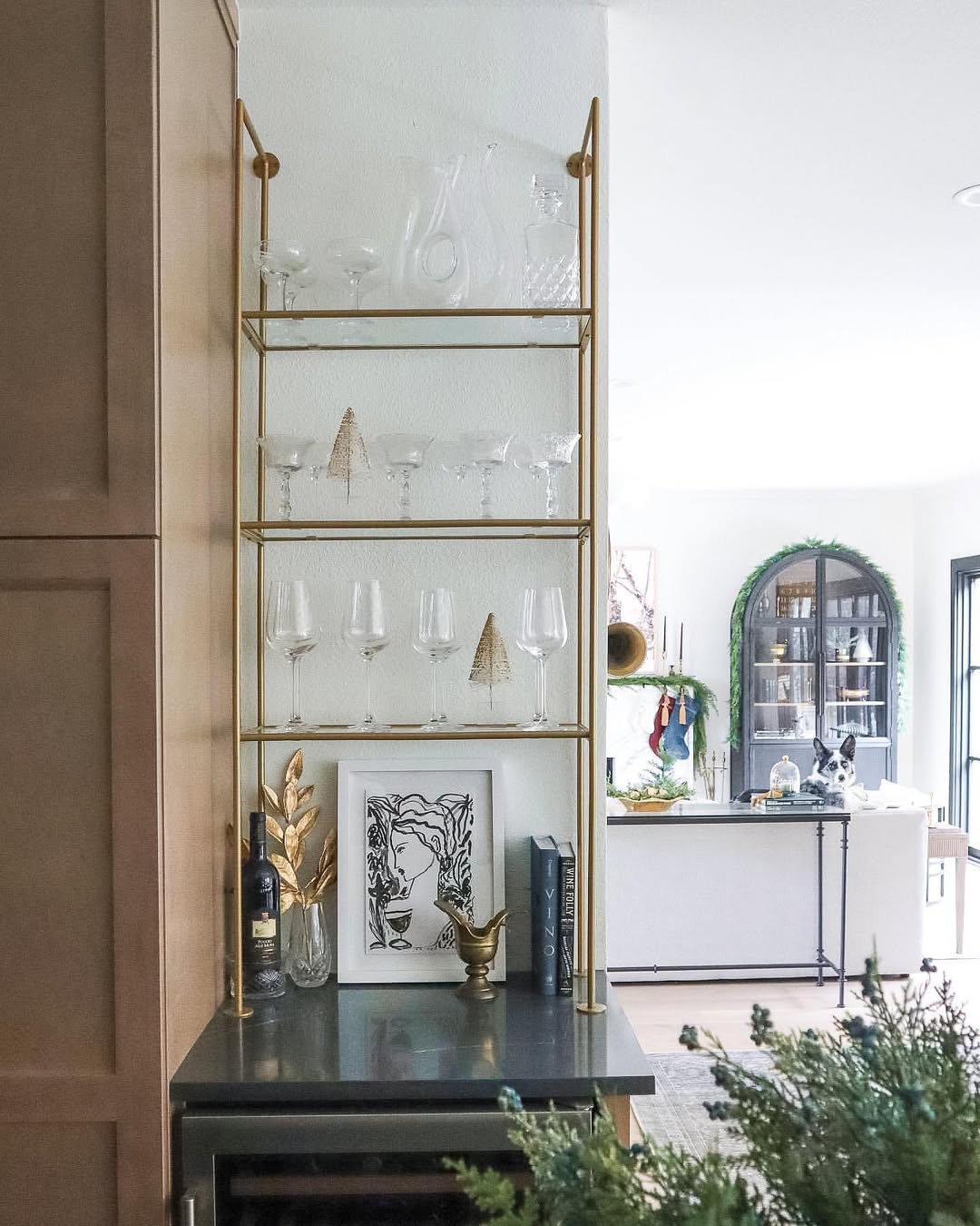 A vertical glass shelf column that bridges kitchen and living space