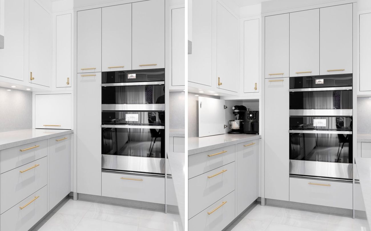 A built-in appliance garage beside the oven wall