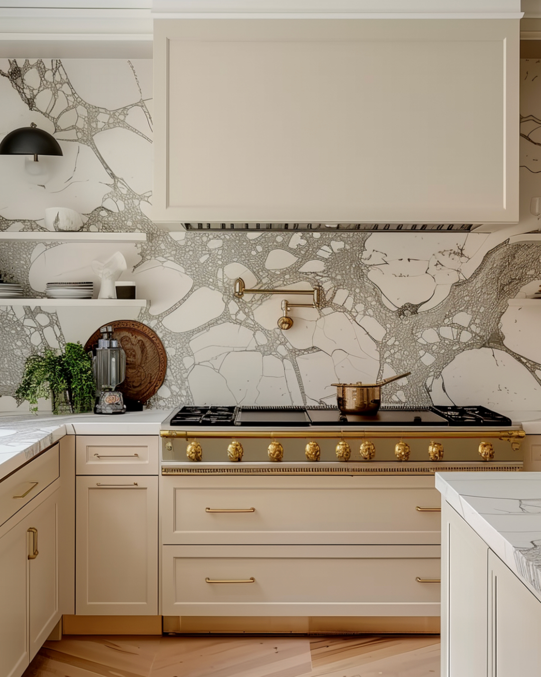 Full-height stone walls that remove the backsplash line