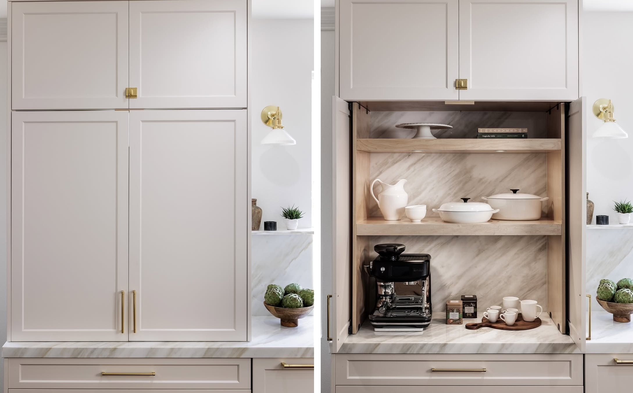 An appliance garage with pocket doors and marble backing