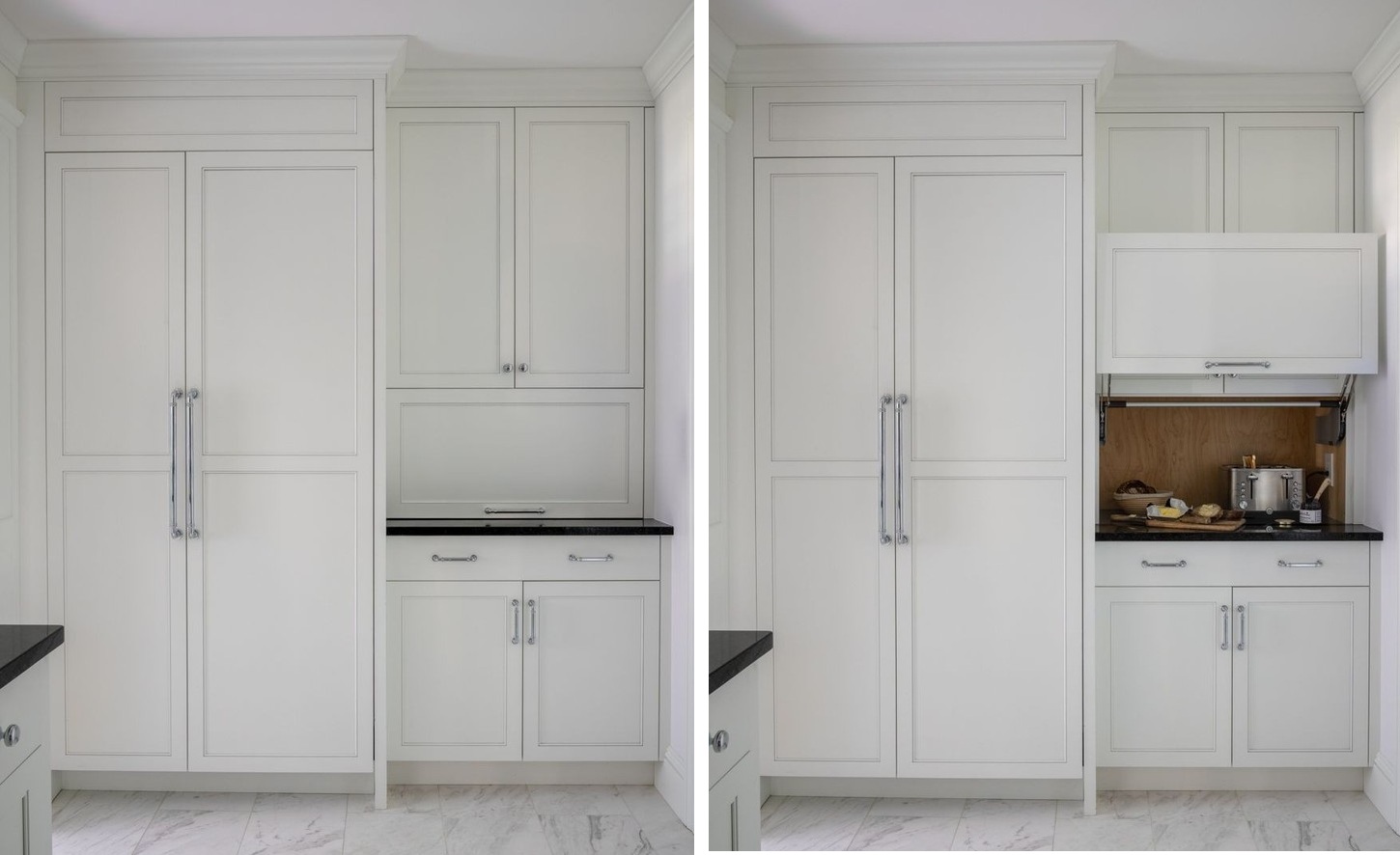A full-height cabinet with a hidden appliance garage