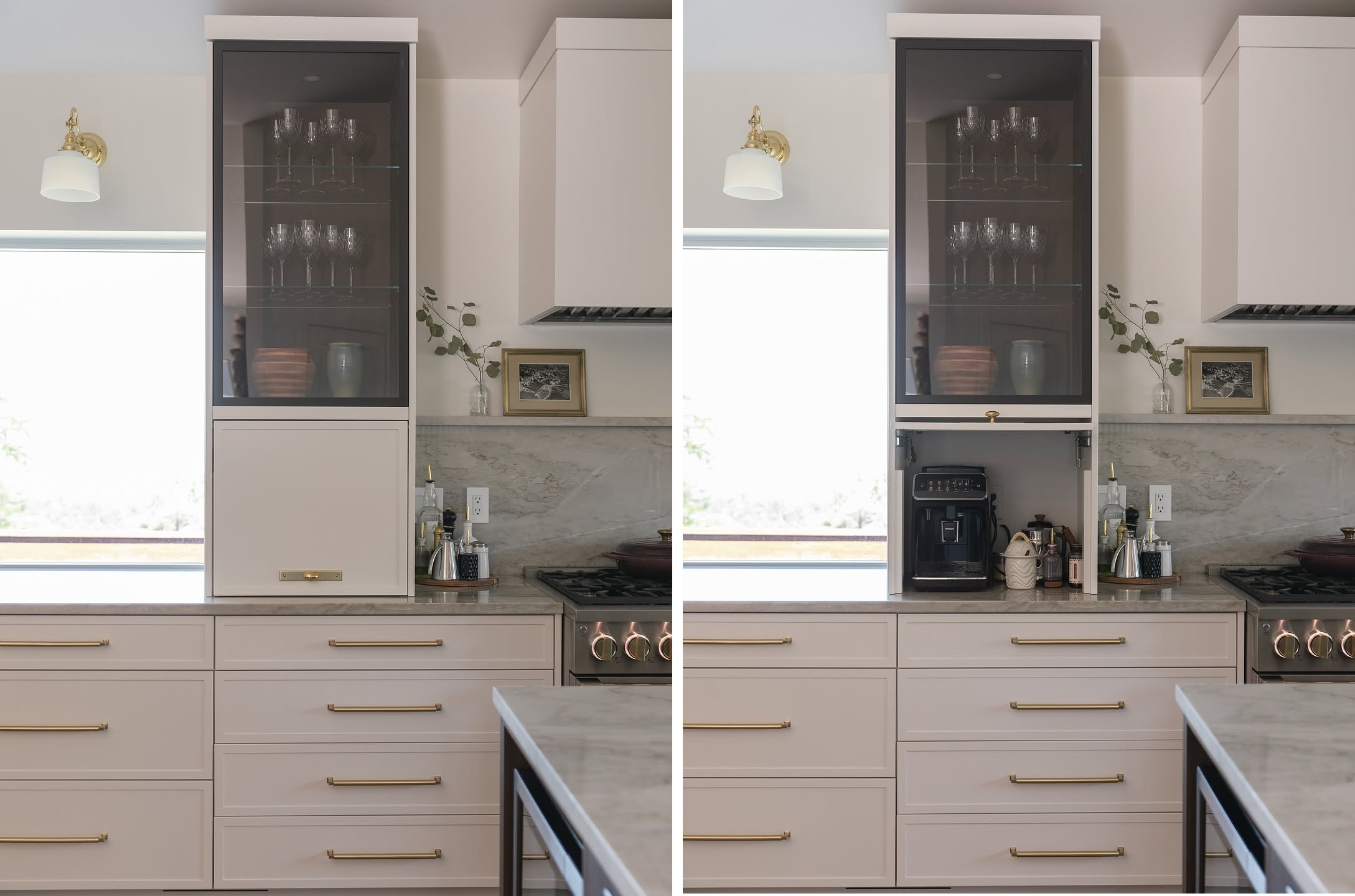 A pocket door appliance garage hidden inside a cabinet tower